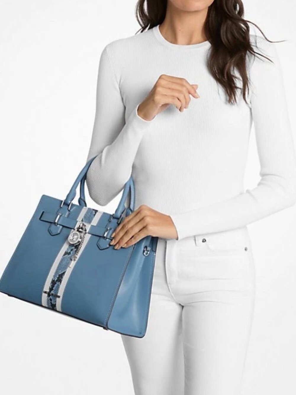Michael Kors Cornflower Hamilton Medium Leather & Snake Embossed Stripe Satchel - Picture 5 of 7